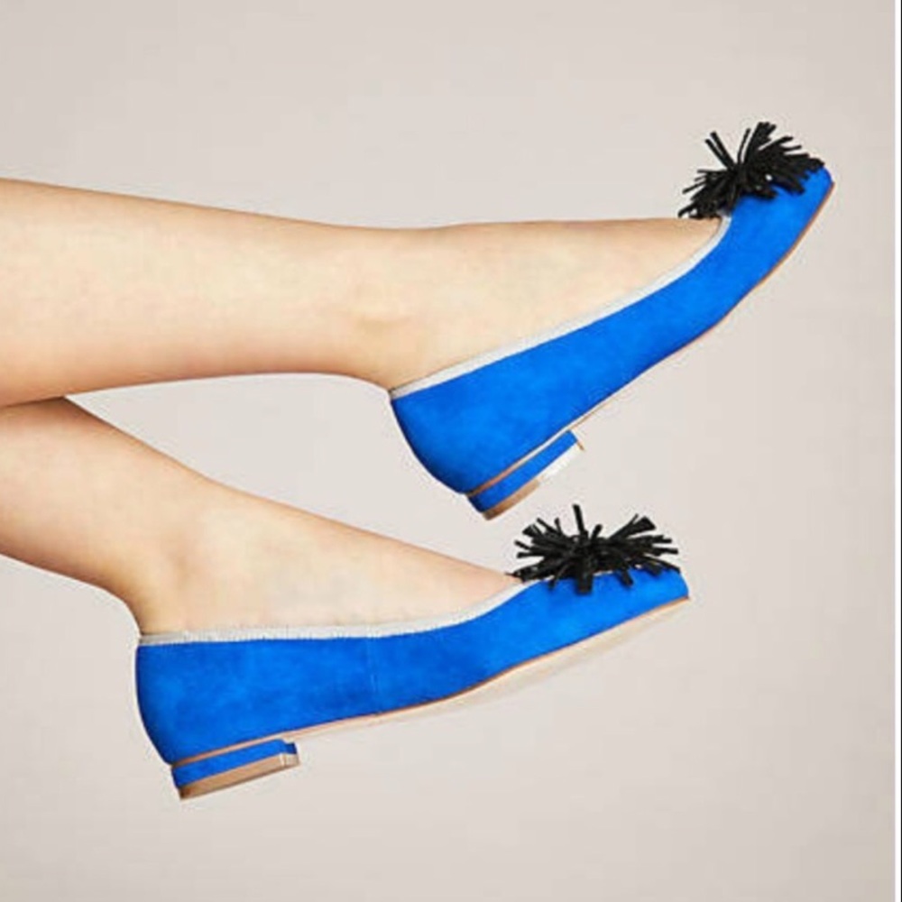 Anthropologie Cobalt Blue Suede Pom Flats